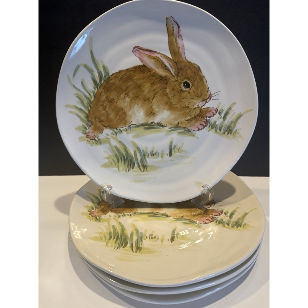 Maxcera Bunny Rabbit Dinner Plates Set of 4 Hand Painted Easter 11" Plates